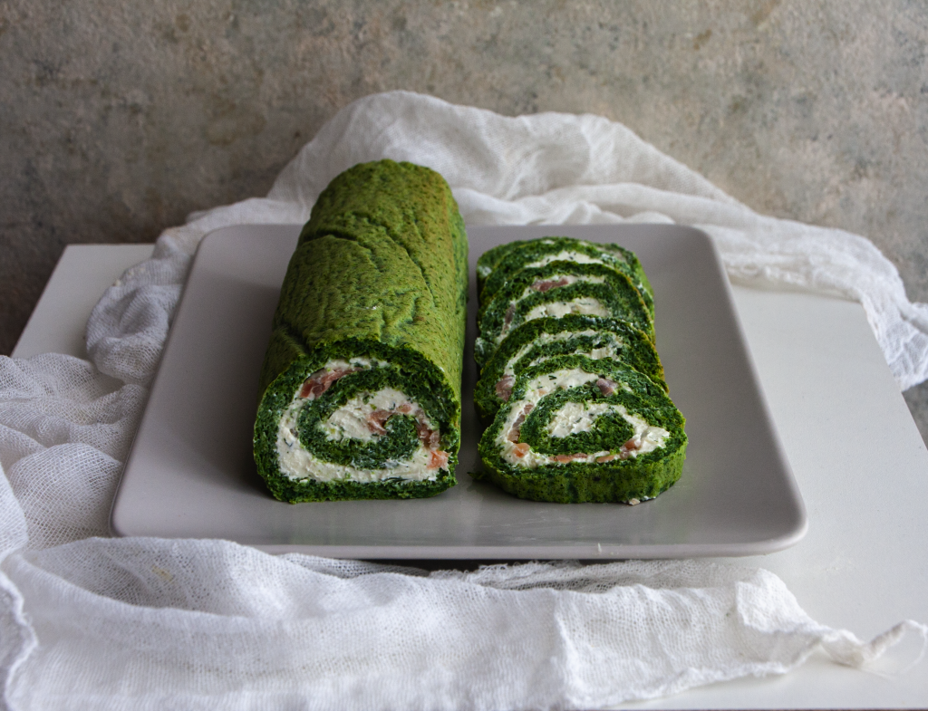 Spinach, cream cheese and salmon roulade